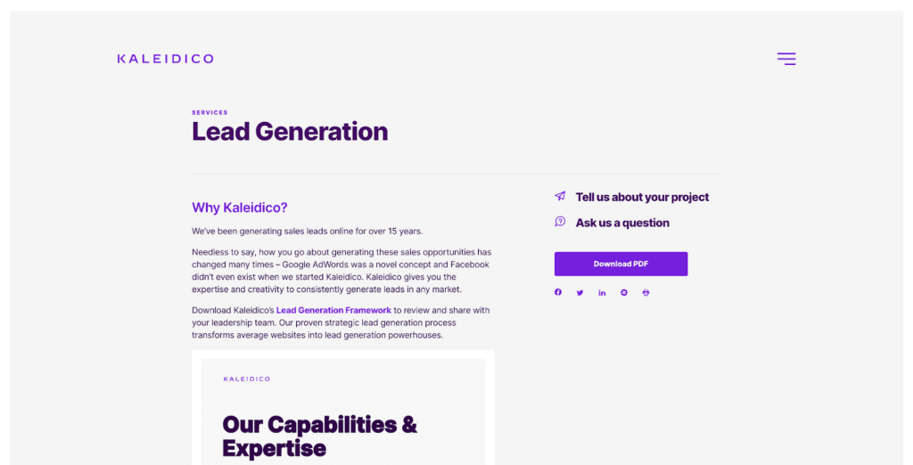 Landing page for Kaleidico's lead generation website.