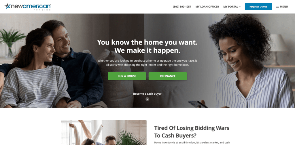 New American Funding has a simple homepage, clearly labeled options for user scenarios, and uses progressive forms.