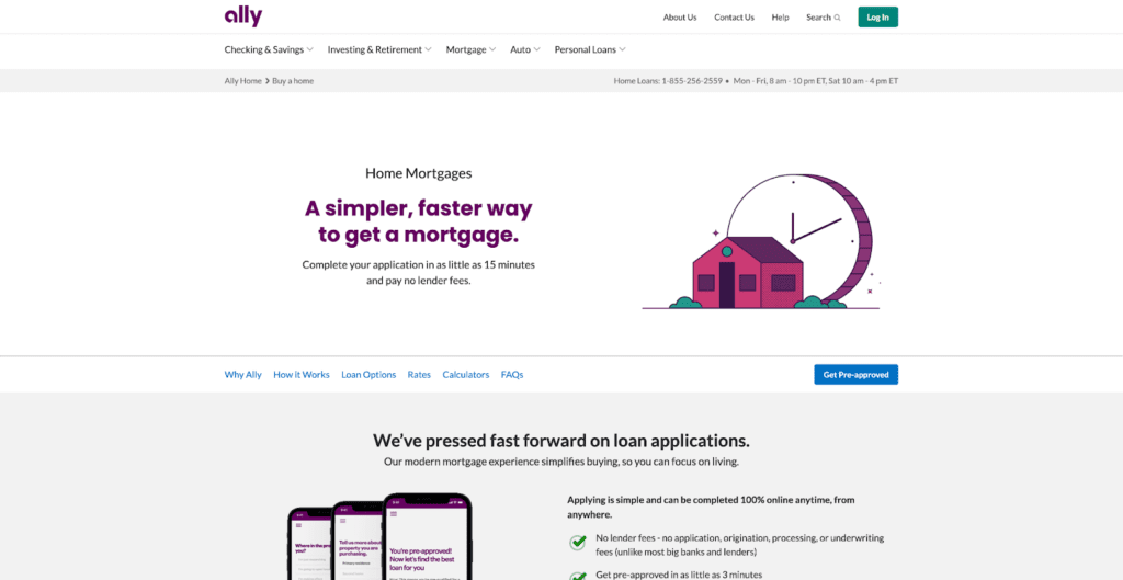 Ally has a minimal, clean design with easy navigation to let borrowers find loan options, mortgage calculators, mortgage rates, and FAQs all in one place.