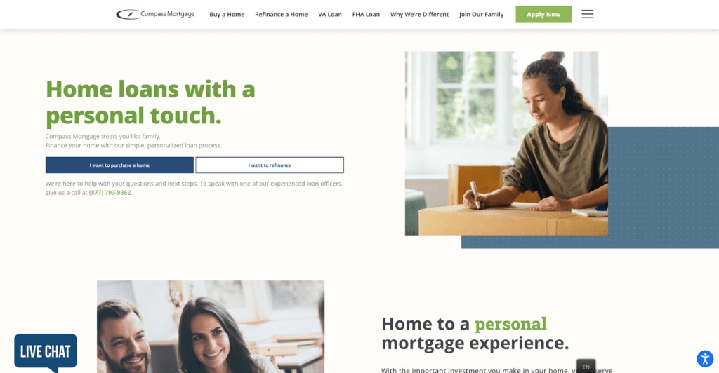 Compass mortgage's website includes a strong mission statement, clickable lead paths, professional stock imagery, and clean navigation. 