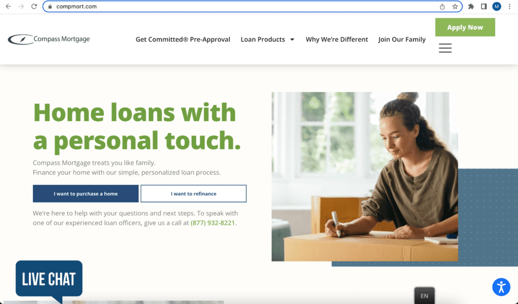The homepage for Compass Mortgage features a strong positioning statement and clear CTA buttons for their users
