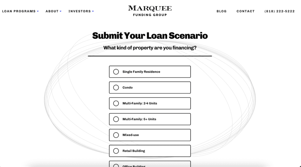 Example of a progressive form on Marquee Funding Group's homepage